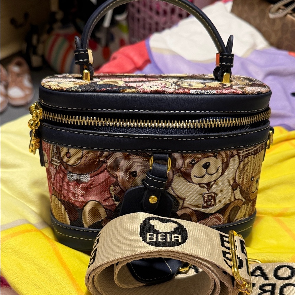 Teddy Bear Print Women's Bag - Navy and Beige
